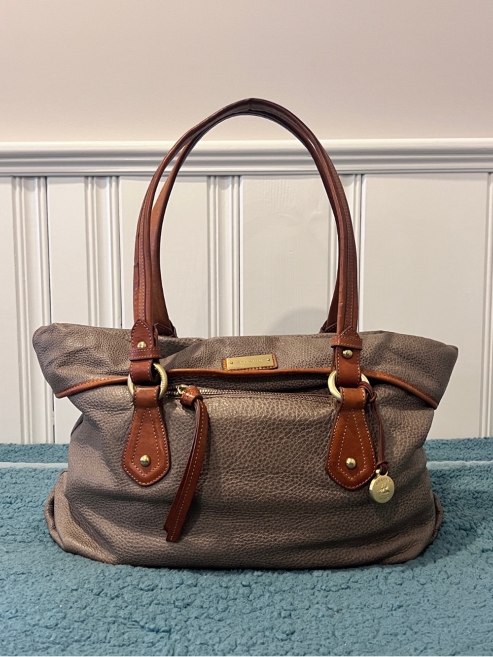 Vintage Brahmin Taupe Leather Tote Bag with Brown Trim